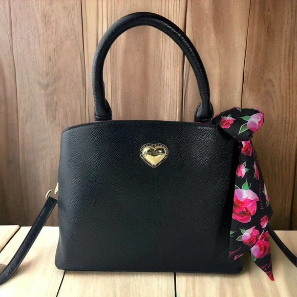 Betsey Johnson Gigi Triple Compartment Satchel W/ Scarf Black Purse Shoulder Bag - Picture 1 of 13